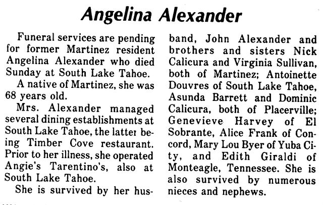 Angelina Alexander, obituary, Martinez News-Gazette, December 30, 1986