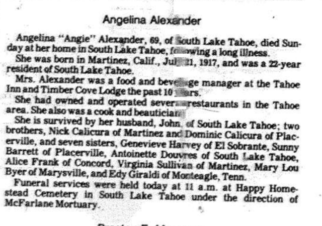Angelina Alexander, obituary, Tahoe Daily Tribune, January 2, 1987